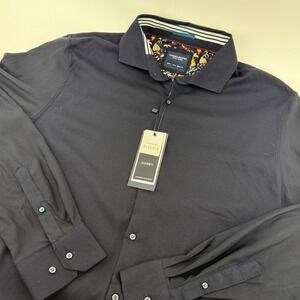 Denim & Flower Ricky Singh Mens Navy Blue Dobby Textured Stretch Shirt Large NWT